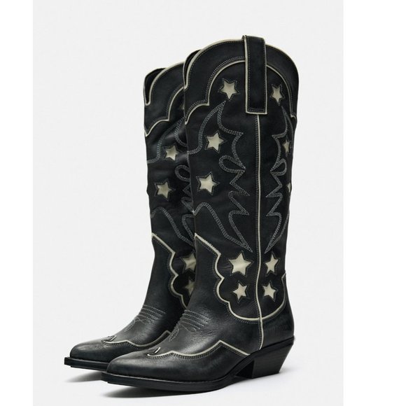 BLOGGER'S FAVE! Zara Star Leather Cowboy Boots NWT - Picture 11 of 17